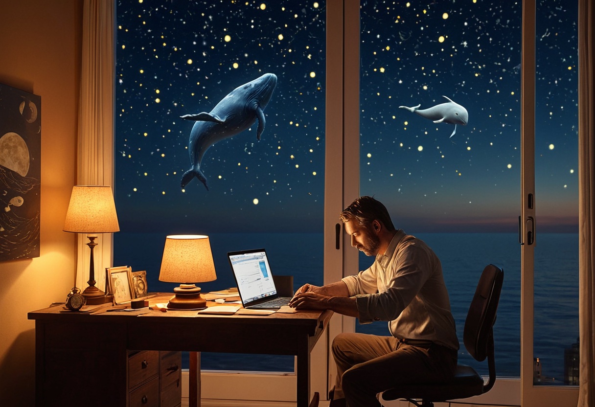 A painted scene: a man works at a warm lamplit desk by a wide window while pale whales glide through a starry night sky over the sea; his lamplight and the starlight share the room.